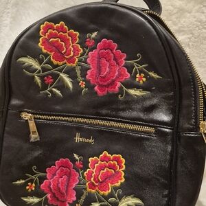 Harrods Black Backpack with Red Floral Embroidery